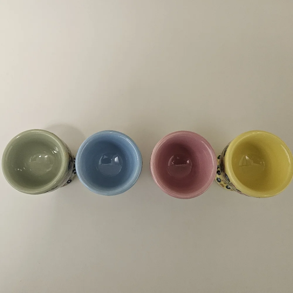 Pottery Barn Floral  Ceramic Botanical Bunny Egg Cups Set - Pastel Colors